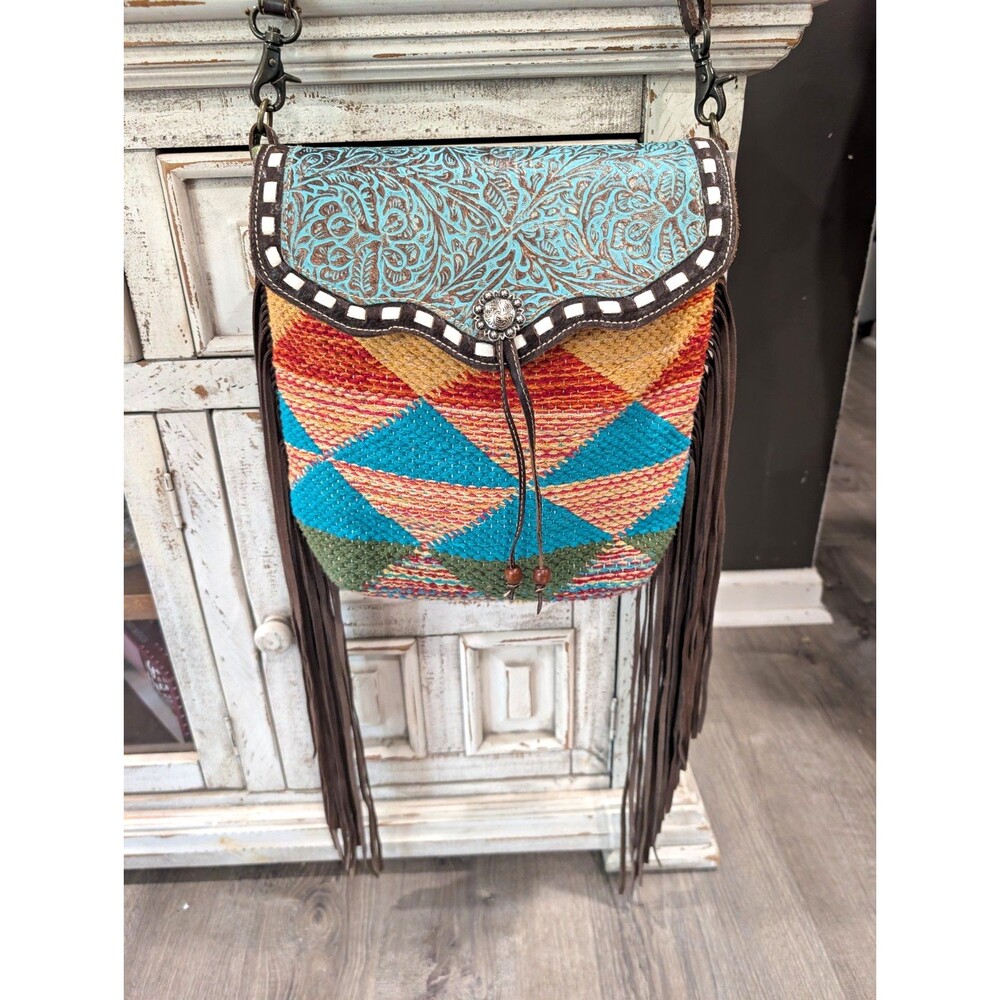 Myra Bag Xantho Southwestern Woven Fringe Crossbody Bag Floral Tooled Leather